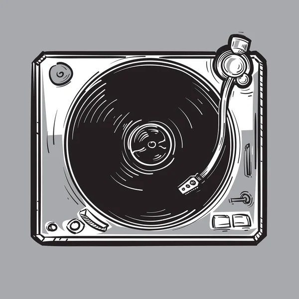 Drawn Monochrome Musical Turntable Vinyl Record Player — Stock vektor