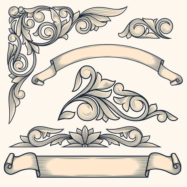Conjunto Elementos Diseño Ornamentado Floral Vintage — Archivo Imágenes Vectoriales