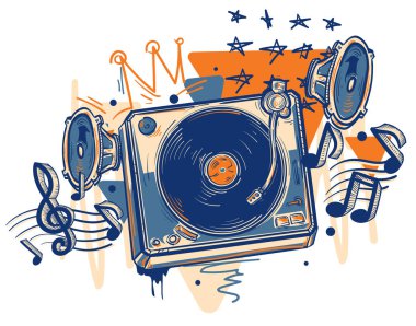Colorful graffiti vinyl turntable, speakers and notes - musical design