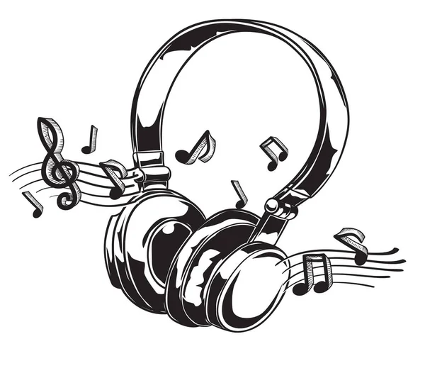Drawn Black White Musical Headphones Notes — Stock Vector