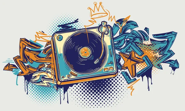 Drawn Vinyl Record Turntable Graffiti Arrows Colorful Music Design — Wektor stockowy