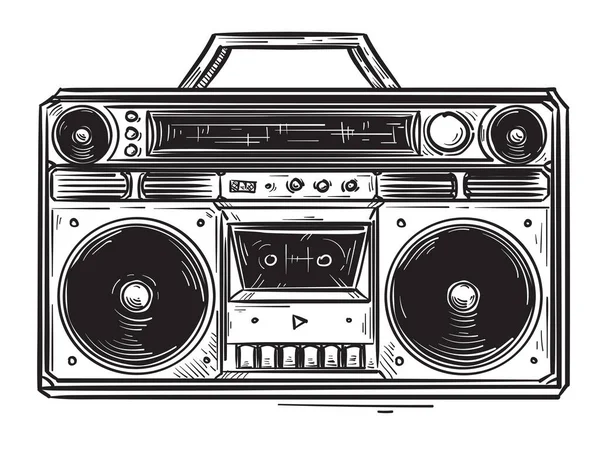 Black White Hand Drawn Retro 80S Musical Boombox Tape Recorder — ストックベクタ