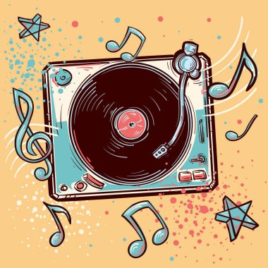 Turntable with musical notes, drawn colorful music design