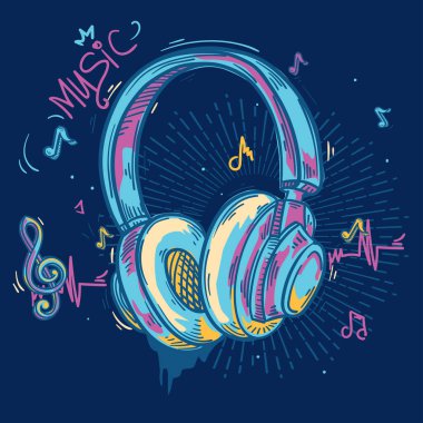 Müzik tasarımı - renkli graffiti müzikal kulaklıklar ve notalar çizdi