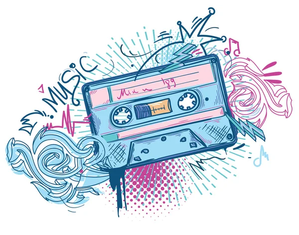 Design Musical Cassette Audio Dessinée Flèches Graffiti Street Art — Image vectorielle