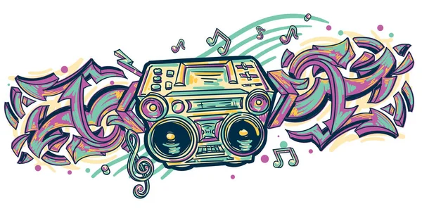 Muziekontwerp Kleurrijke Getekende Boom Box Cassetterecorder Met Sleutel Muzieknoten Graffiti — Stockvector