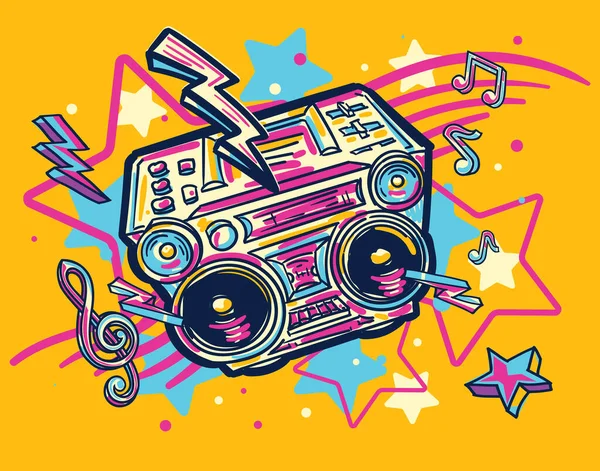 Musik Design Funky Gezeichnete Bunte Boom Box Tonbandgerät — Stockvektor