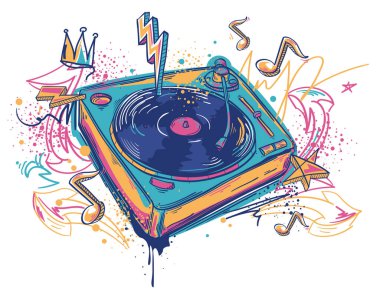 Drawn graffiti turntable and musical notes, colorful music design