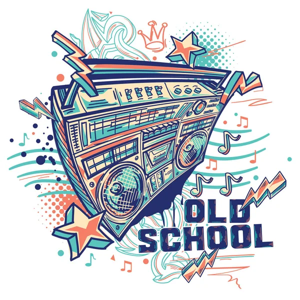 Old School Dessiné Design Boombox Musique Colorée Avec Des Notes — Image vectorielle