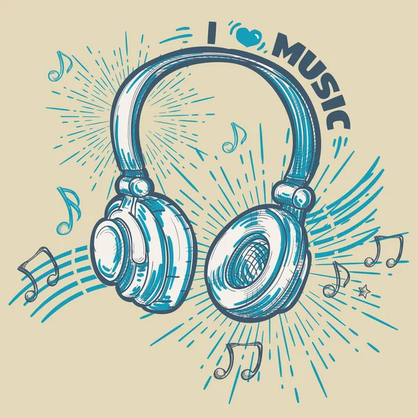 Λατρεύω Μουσική Ζωγραφισμένα Μουσικά Ακουστικά Και Νότες — Διανυσματικό Αρχείο