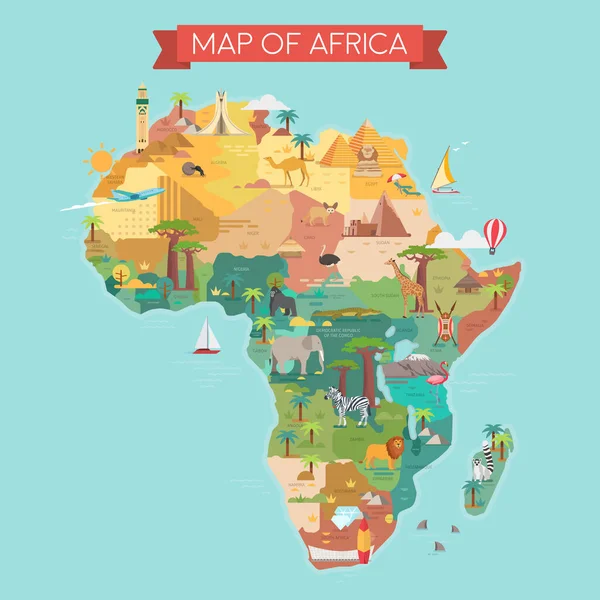 Afrika Turistkarta Med Kända Landmärken Karta Med Landsnamn Vektorillustration — Stock vektor