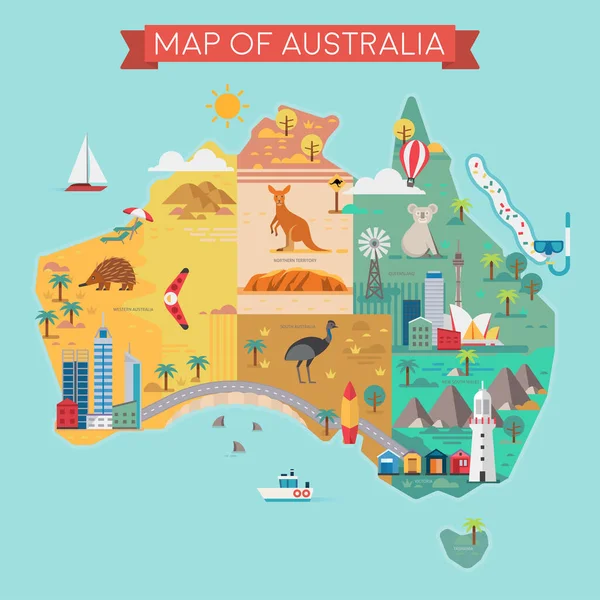 Karta Över Australien Karta Med Landsnamn Vektorillustration — Stock vektor