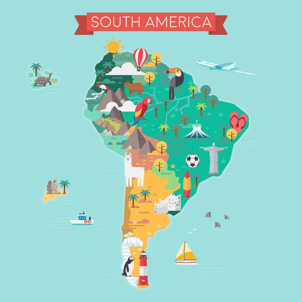 South America tourist map with country names. Flat style illustration