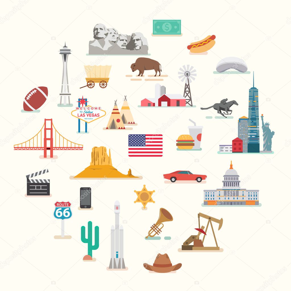USA. Famous places and landmarks. Flat style illustration