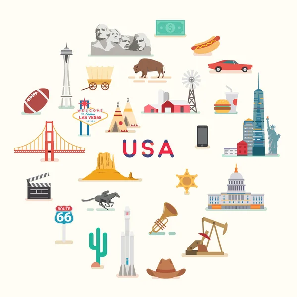 アメリカだ 有名な場所やランドマーク 平面図 — ストックベクタ
