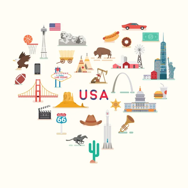 Estados Unidos Lugares Famosos Monumentos Ilustración Estilo Plano — Vector de stock