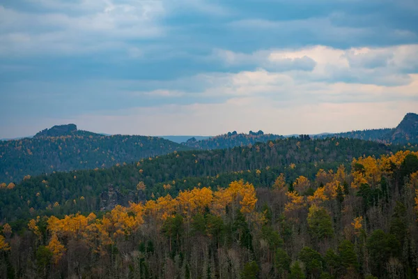 Panorama da floresta de outono contra o céu azul com nuvens. — Fotografia de Stock