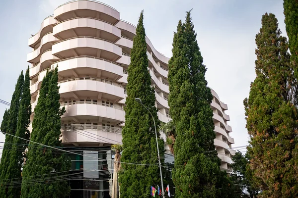 Tropikal ağaçların arkasındaki tatil köyünün binaları mavi gökyüzünün arka planına karşı..