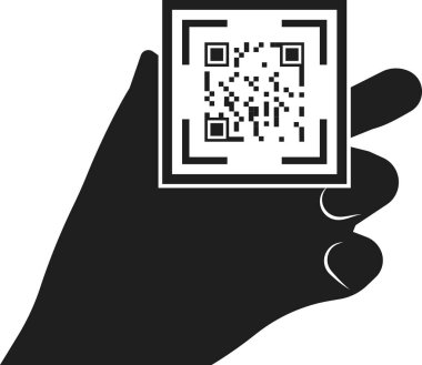 Kişinin elindeki QR kodu. Vektör resmi .