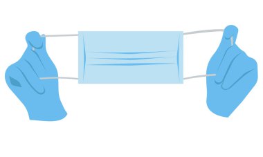 Hands in medical gloves hold a mask. Vector image.