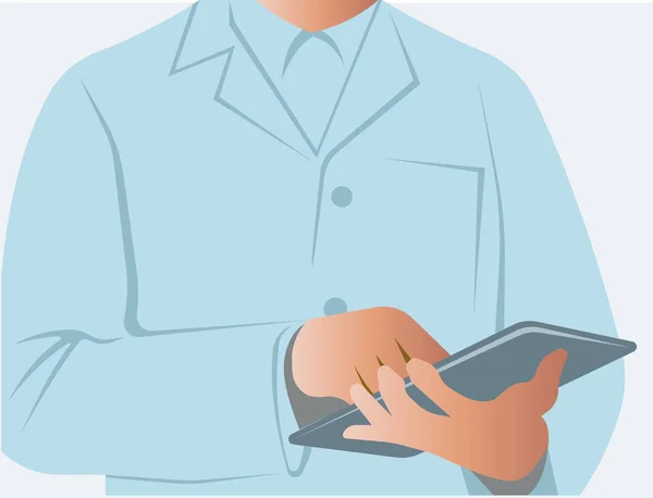 Un médico con una bata médica tiene una tarjeta de paciente en sus manos.. — Vector de stock