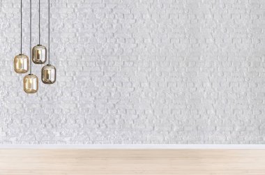 Boş oturma odası iç dekorasyon ahşap zemin, taş duvar konsepti. Ev, ofis ve otel için dekoratif arka plan. 3B illüstrasyon