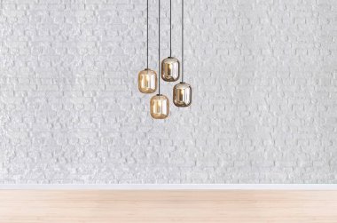 Boş oturma odası iç dekorasyon ahşap zemin, taş duvar konsepti. Ev, ofis ve otel için dekoratif arka plan. 3B illüstrasyon