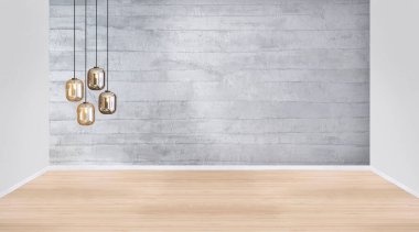 Boş oturma odası dekorasyonu modern lamba ve ahşap zemin, taş duvar konsepti. Ev, ofis, otel için dekoratif arka plan. 3B illüstrasyon