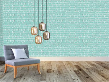 Ev, ofis, otel ve yatak odası için taş duvar iç tasarımı modern lamba. 3B illüstrasyon