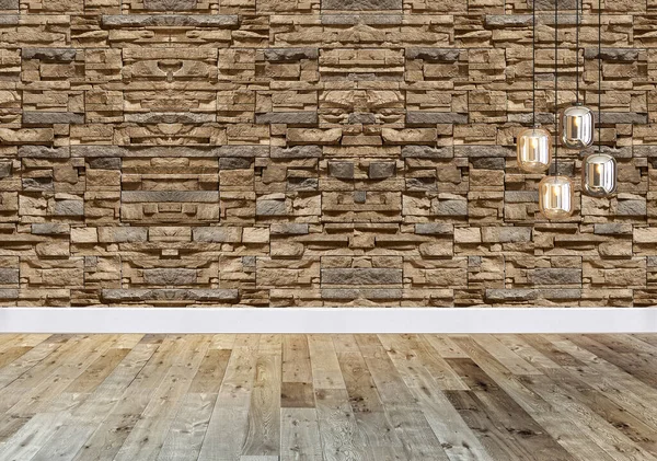 空の部屋の内装木製の床 石の壁のコンセプト オフィス ホテルの装飾的な背景 3Dイラスト — ストック写真