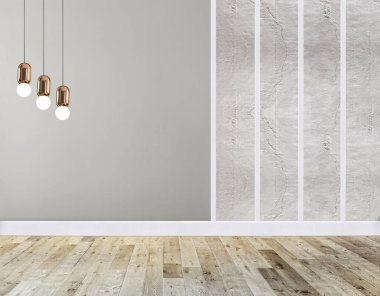 Boş oturma odası dekorasyonu modern lamba ve ahşap zemin, taş duvar konsepti. Ev, ofis, otel için dekoratif arka plan. 3B illüstrasyon