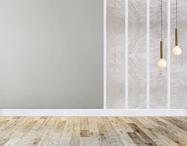 Soggiorno Vuoto Decorazione Interni Lampada Moderna Pavimento Legno Concetto Muro — Foto Stock