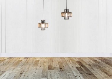 Kırmızı taştan duvarda boş ev tasarımı ve lamba var. 3B illüstrasyon