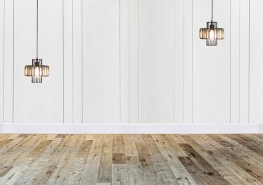 Kırmızı taştan duvarda boş ev tasarımı ve lamba var. 3B illüstrasyon