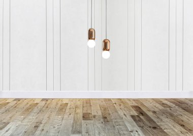 Ev, ofis, otel ve yatak odası için taş duvar iç tasarımı modern lamba. 3B illüstrasyon