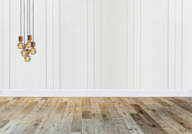 Ahşap zemin ve dekoratif taş duvarlı iç tasarım. 3B illüstrasyon