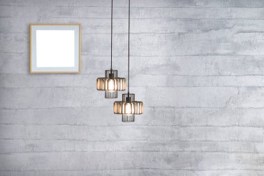 Gri taş duvar, ev, ofis, otel ve yatak odası için iç tasarım, modern lamba.