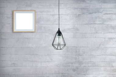 Gri taş duvar, ev, ofis, otel ve yatak odası için iç tasarım, modern lamba.