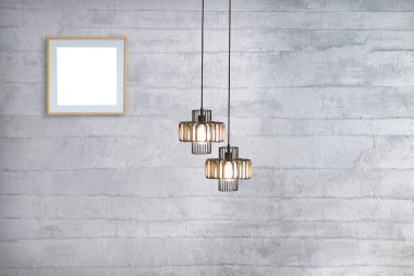 Gri taş duvar, ev, ofis, otel ve yatak odası için iç tasarım, modern lamba.