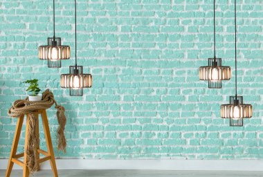 Yeşil taş duvar, ev, ofis, otel ve yatak odası için iç tasarım, modern lamba.