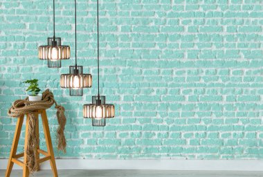 Yeşil taş duvar, ev, ofis, otel ve yatak odası için iç tasarım, modern lamba.