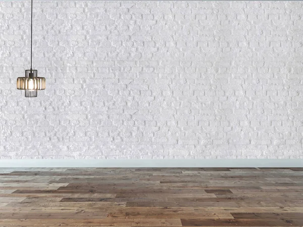 Boş Oturma Odası Dekorasyonu Modern Lamba Ahşap Zemin Taş Duvar — Stok fotoğraf