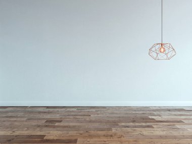 Ahşap zemini ve dekoratif taş duvarı olan boş bir iç tasarım. 3B illüstrasyon