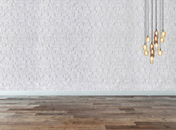 新しい空のリビングルームのインテリア木製の床 石の壁のコンセプト オフィス ホテルの装飾的な背景 3Dイラスト — ストック写真
