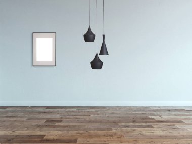 Ahşap zemini ve dekoratif taş duvarı olan boş bir iç tasarım. 3B illüstrasyon