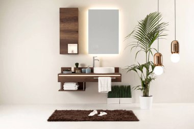 Temiz banyo stili, dekoratif tasarım, ahşap dolaplar.