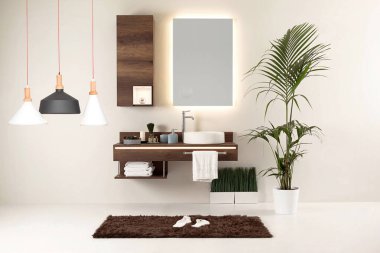 Temiz banyo stili, dekoratif tasarım, ahşap dolaplar.