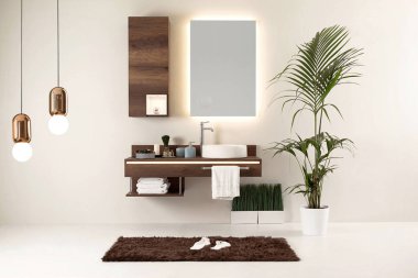 Temiz banyo stili, dekoratif tasarım, ahşap dolaplar.