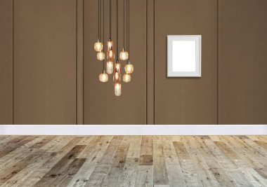 Ahşap zemini ve dekoratif taş duvarı olan boş bir iç tasarım. 3B illüstrasyon