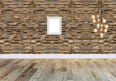 Ahşap zemini ve dekoratif taş duvarı olan boş bir iç tasarım. 3B illüstrasyon